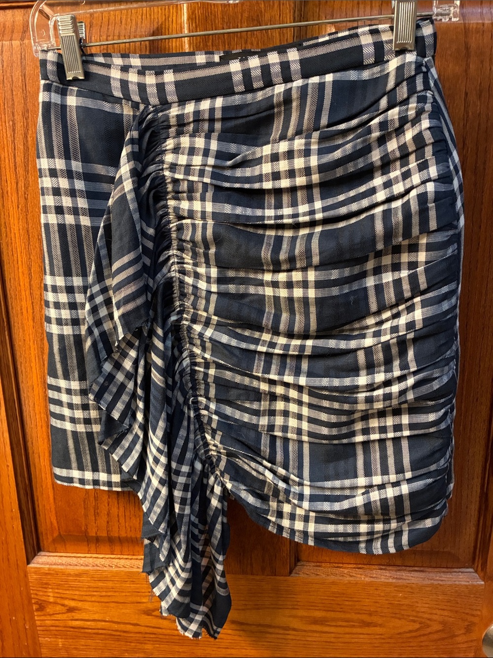 Zara Woman Navy and White Asymmetrical Ruched Plaid skirt, size XS